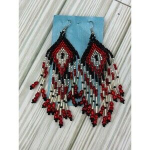 Boho Western Black Red White Black Seed Bead Beaded Earrings Fringe Tassel Long